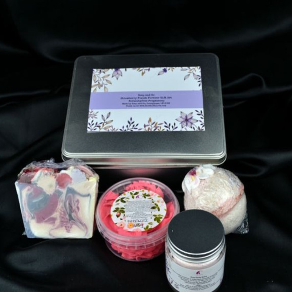 Strawberry Fields Forever Handmade Self Care Gift Set, Bath Bombs, Artisan Soap, Luxury Body Butter-0